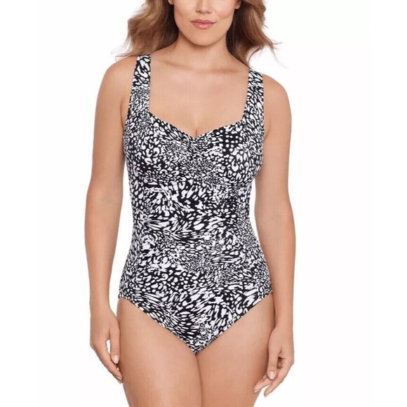 Swim Solutions Women's Printed Ruched-Front One Piece Swimsuit Black & White 18 - Picture 1 of 9